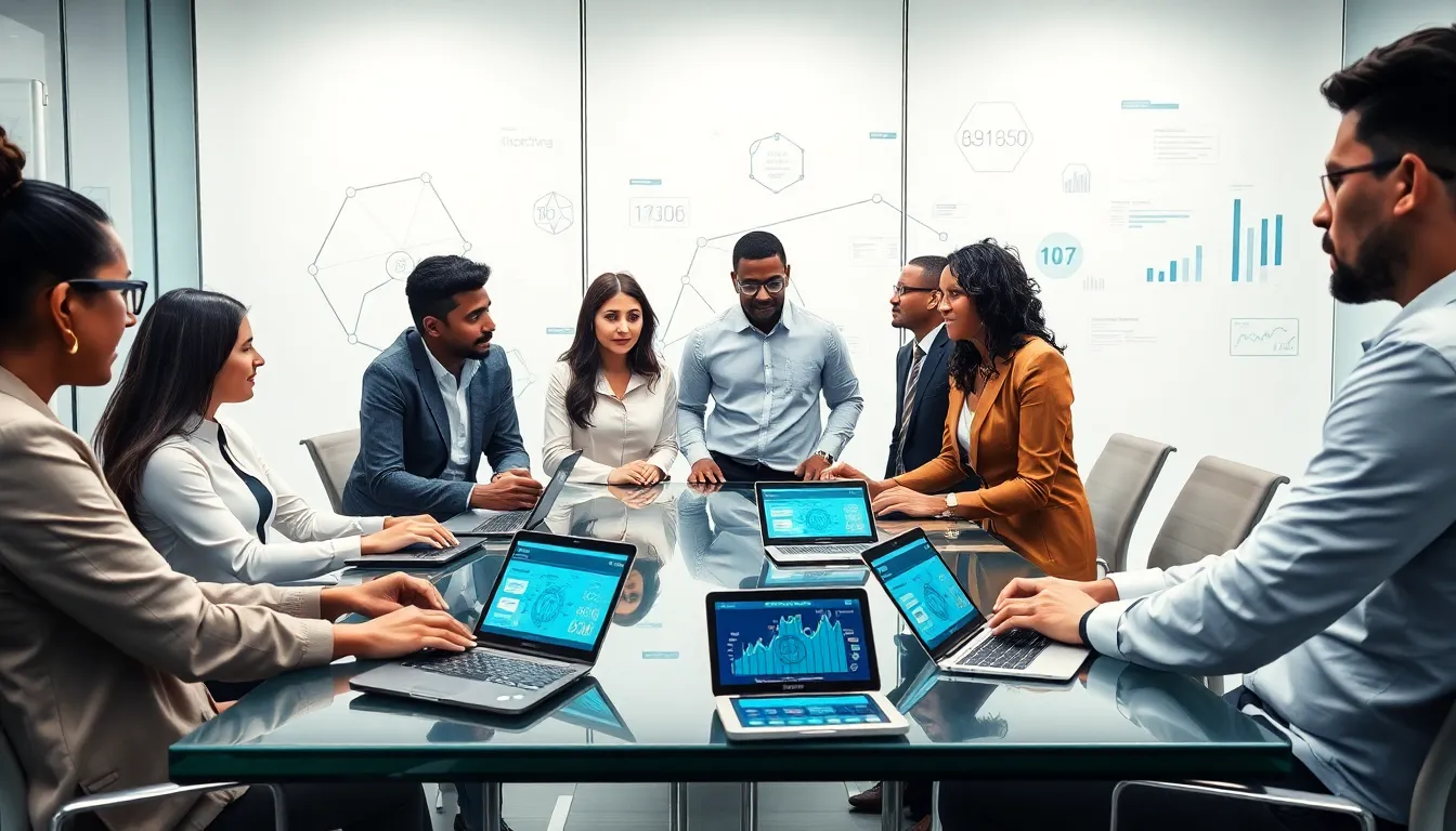 diverse team discussing telecommunications in a modern office.